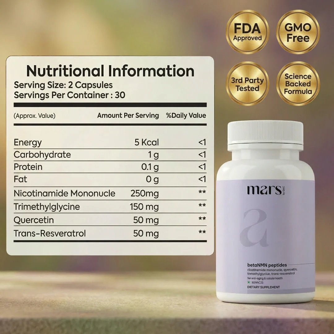 Mars BetaNMN Peptides for Cellular Revitalization, Anti-Aging & Longevity Boost | Capsules powered by Trimethylglycine & Quercetin (60 Capsules) - Image 8