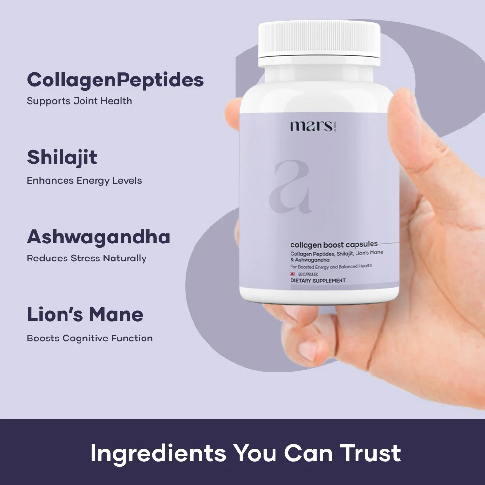 Mars Collagen Boost Capsules Powered with Tri-Peptides, Shilajit, Ashwagandha & Lion's Mane – Skin, Joint, and Brain Health Support (60N) - Image 2
