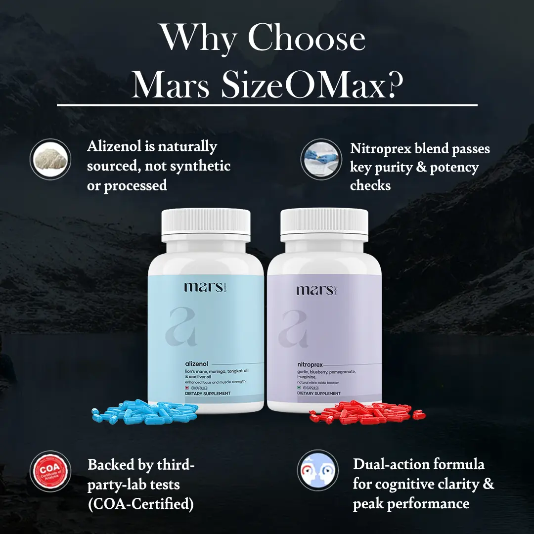 Mars SizeOMax Combo: Dual Action NitroPrex & Alizenol Stack for Blood Flow, Size & Performance - Image 2
