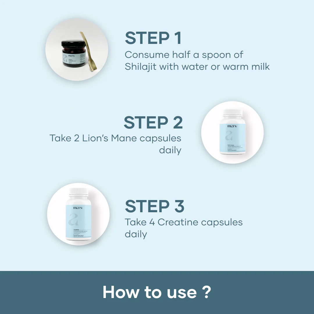 Mars Strength & Stamina Combo: Lion's Mane Caps, Pure Himalayan Shilajit Resin & Micronized Creatine Monohydrate Caps - Image 7